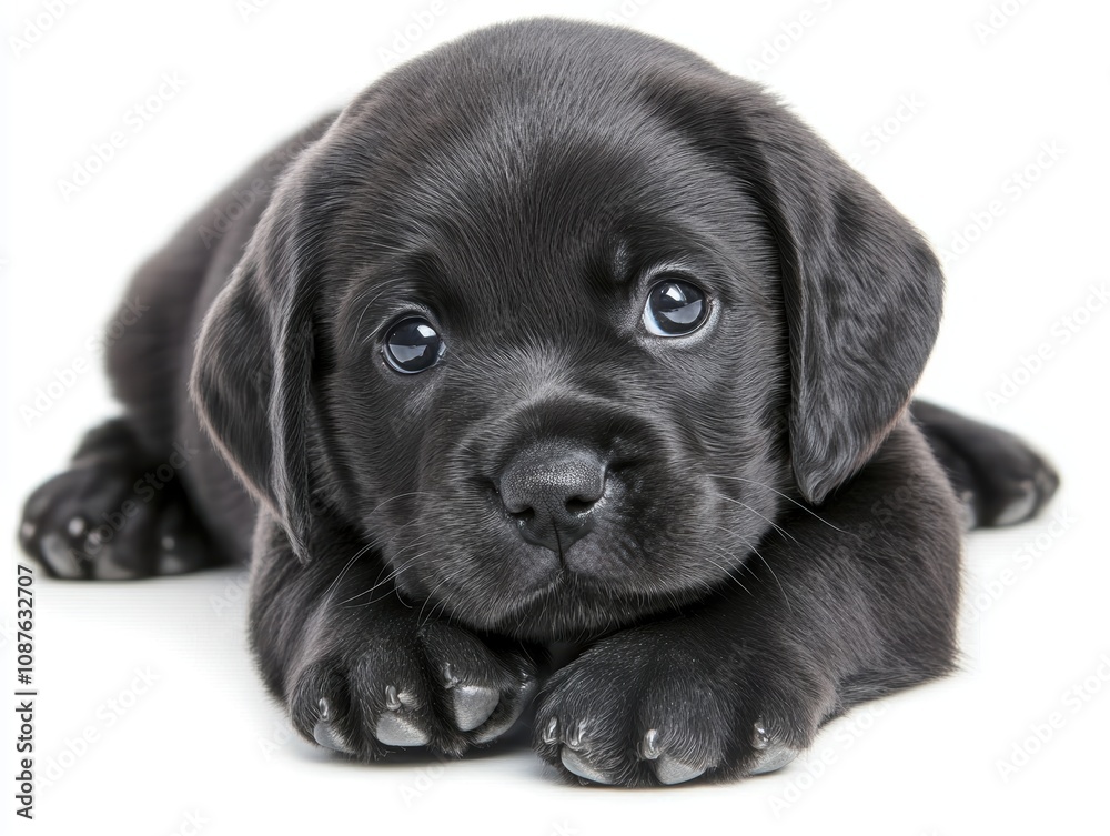 Cute black puppy lying down on a white isolated background. Cute black puppy lying down on a white isolated background.