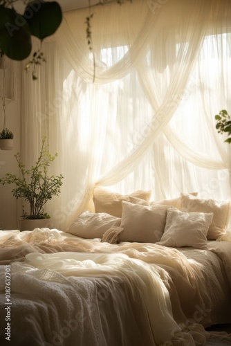 A calming bedroom featuring tulle and blackout drapes, luxurious bed linens, plush accents, and natural light for a tranquil vibe.