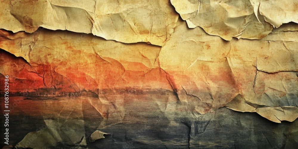 Naklejka premium Vintage collage featuring old grunge textures, including ripped and torn paper effects. This crumpled paper surface offers a unique backdrop for showcasing vintage collage artistry.