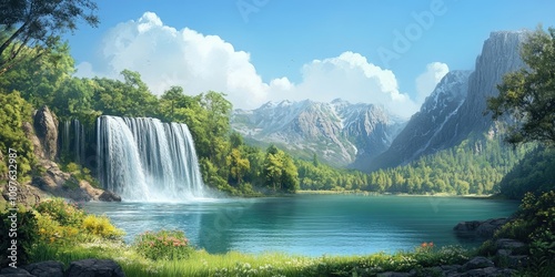 Enchanting waterfalls cascade beside a serene lake, nestled deep within a tranquil forest, creating a peaceful atmosphere that showcases the beauty of nature s waterfalls and lake.