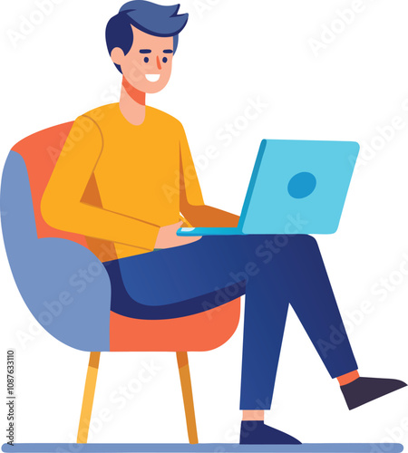 a boy is using his laptop vector