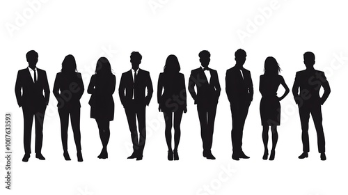 Silhouettes of eight business professionals standing in a row.