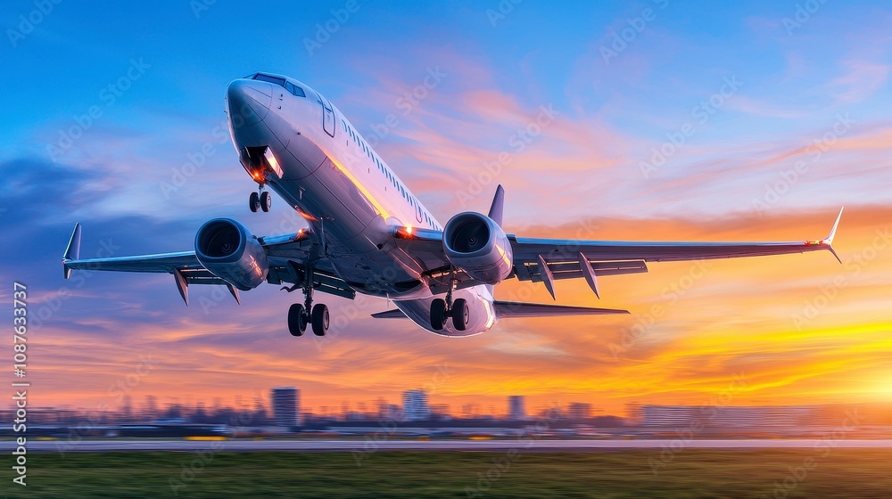 Airplane taking off against a colorful sunset sky Airplane taking off against a colorful sunset sky