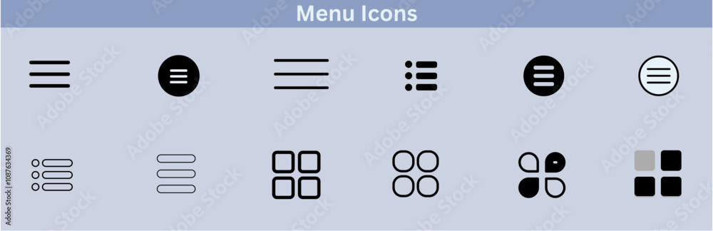 Hamburger menu icons set for web and mobile apps. Includes vector buttons for website UI navigation, featuring hamburger or burger line menu icons for home, drop-down lists, application drawers,