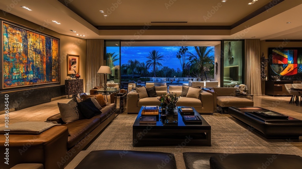 Modern Living Room Design With Artistic Wall Decor And Outdoor View Modern Living Room Design With Artistic Wall Decor And Outdoor View