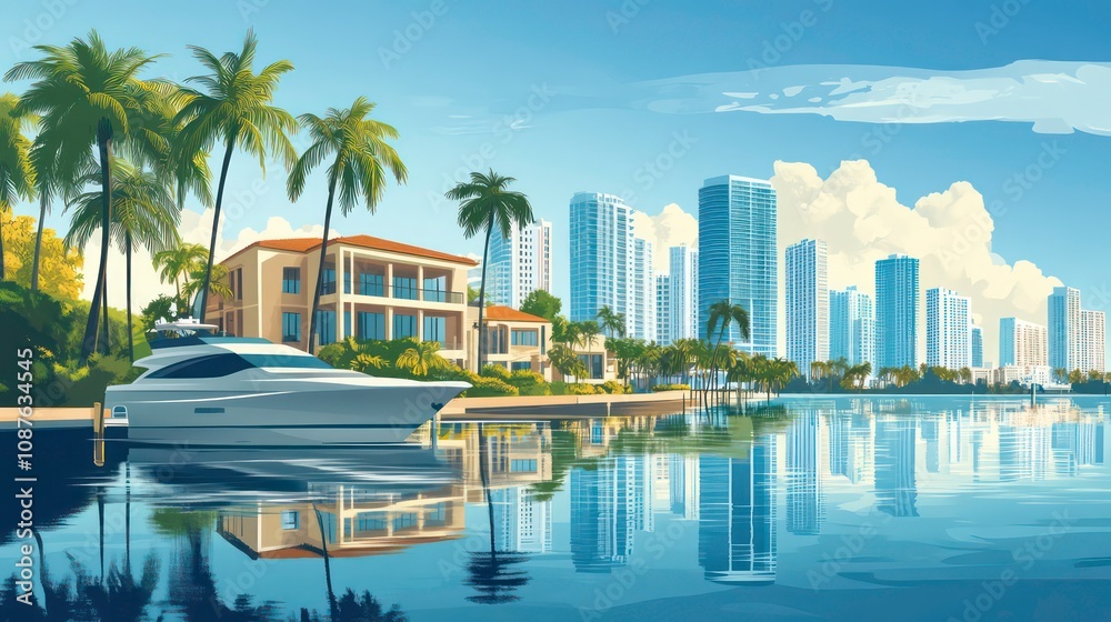 Obraz premium Miami Real Estate Trends illustrated in a housing-themed infographic, focusing on current trends in Miami's luxury condos and waterfront properties
