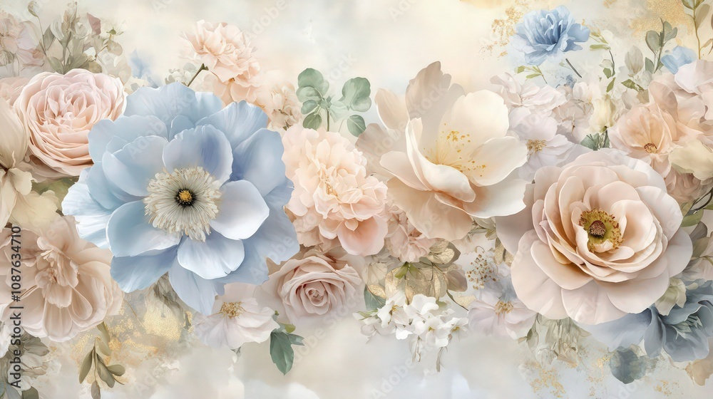 A dreamy floral mural with large, oversized flowers in soft pastel hues of blush, pale blue, and cream, set against a light watercolor background with hints of gold accents. A dreamy floral mural with large, oversized flowers in soft pastel hues of blush, pale blue, and cream, set against a light watercolor background with hints of gold accents.