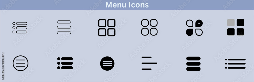 Hamburger menu icons set for web and mobile apps. Includes vector buttons for website UI navigation, featuring hamburger or burger line menu icons for home, drop-down lists, application drawers, Hamburger menu icons set for web and mobile apps. Includes vector buttons for website UI navigation, featuring hamburger or burger line menu icons for home, drop-down lists, application drawers,