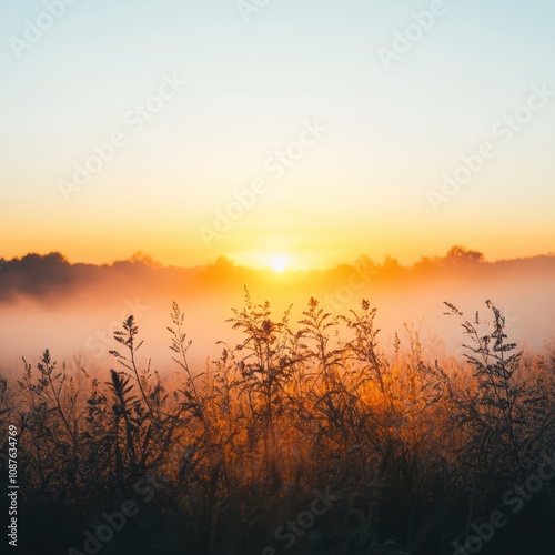 Sunrise over misty field with silhouettes of grass and soft light in the background.