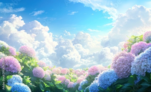 A serene landscape filled with blooming hydrangeas under a bright blue sky. photo