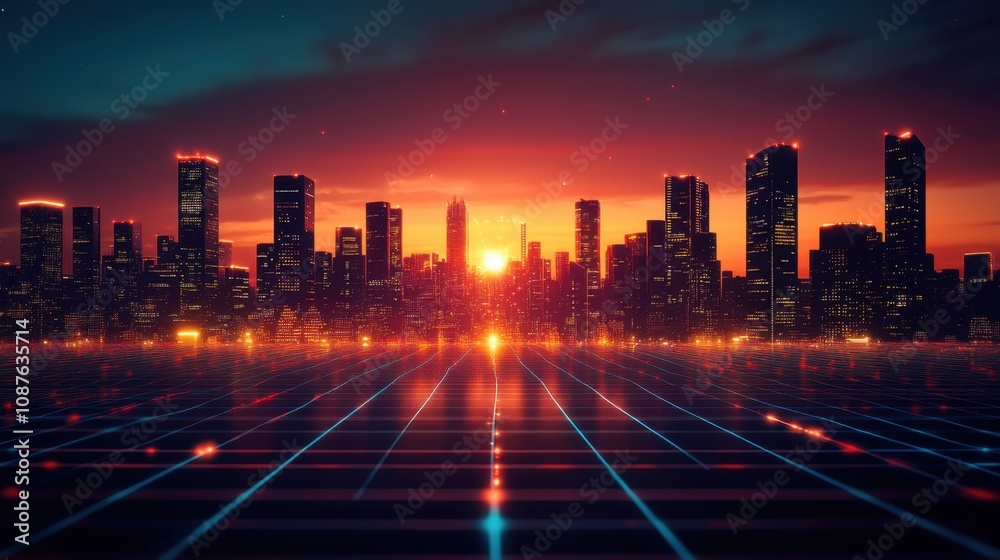 Fototapeta premium Stunning sunset over futuristic cityscape urban skyline digital art evening aesthetic