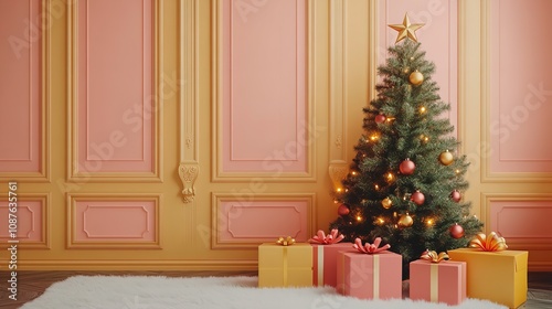 Vibrant Christmas display featuring cheerful gift boxes and a decorated fir tree in a snug, cozy room.