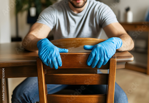 Close up of man wearing blue gloves sitting at a wooden table.