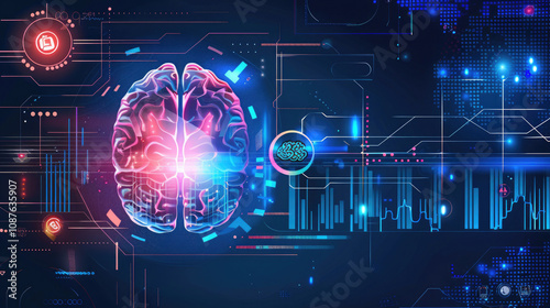 illustration of the human brain organ, projection on the screen with graphs, columns, diagrams, treatment of the disease photo