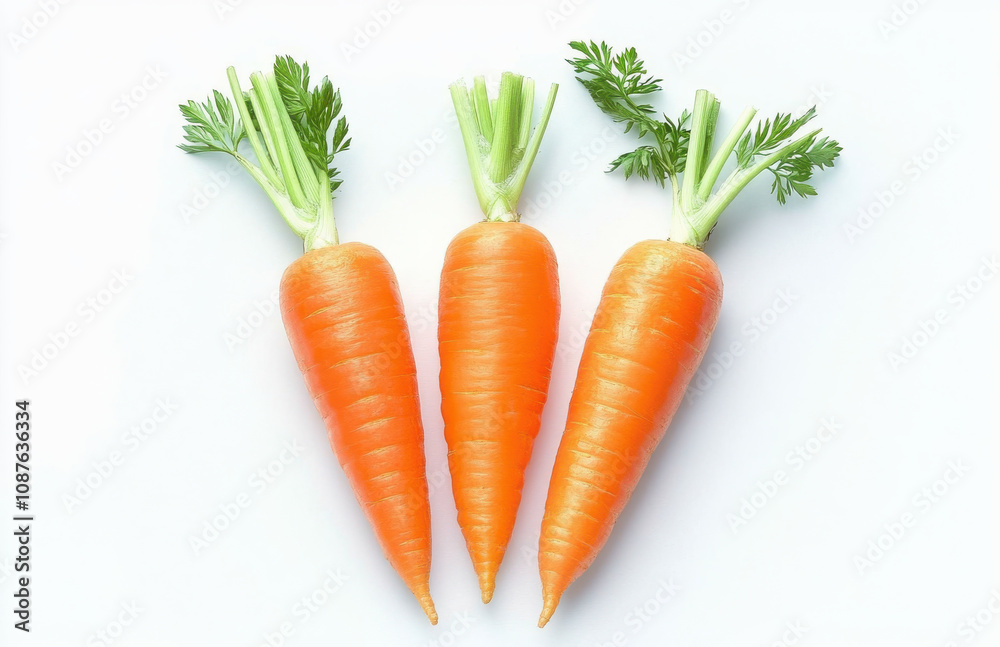 Fresh orange carrots with green tops arranged on white background, showcasing their vibrant color and natural beauty. Perfect for healthy eating and cooking