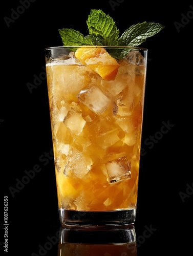 Refreshing Peach Cocktail with Mint - Iced peach cocktail, mint garnish, summer drink, refreshing beverage, fruity cocktail.