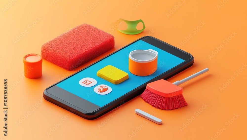 A smartphone surrounded by cleaning tools and icons on a vibrant orange background. A smartphone surrounded by cleaning tools and icons on a vibrant orange background.