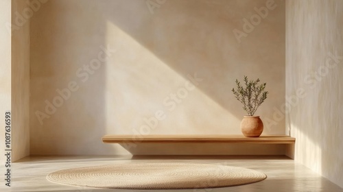 A serene, minimalist interior scene with natural wooden furniture and soft natural lighting streaming through a large window. The room is simple, with neutral tones of beige, white, and light wood.