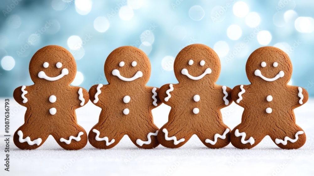 Four cheerful Gingerbread men stand side by side to celebrate together during a joyful Christmas gathering Four cheerful Gingerbread men stand side by side to celebrate together during a joyful Christmas gathering