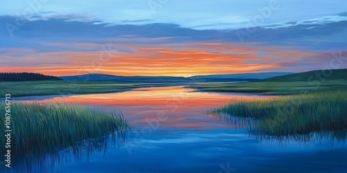 Dusk over the moor features stunning sundown hues reflecting beautifully in the water, capturing the tranquil essence of the moor as day transitions to night. Experience the moor s serene beauty.