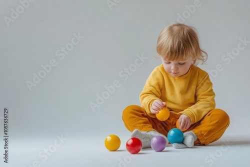 A child with light skin playing with a colorful toy in a clean, white space.