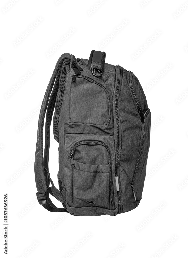 Black sports backpack isolated on white background.