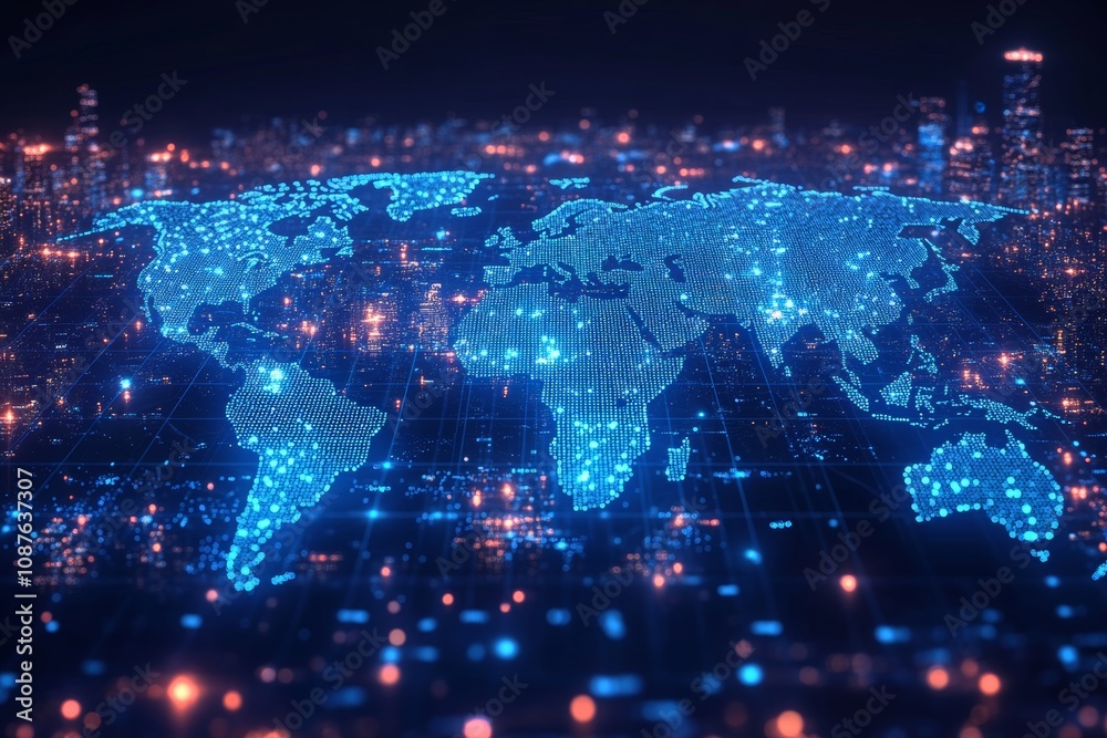 A map of the world overlaid with data points and statistical symbols. Generative AI A map of the world overlaid with data points and statistical symbols. Generative AI