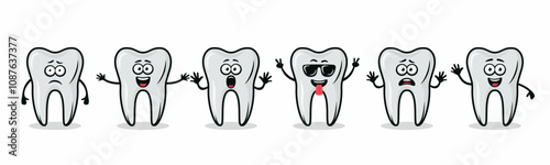 Adorable Tooth Characters Showing Different Emotions. Flat Vector Tooth Illustration - Happy, Excited, Sad, Scared Expressions. Cute Tooth Design Templates for Dental Logos, Marketing, Dental Branding