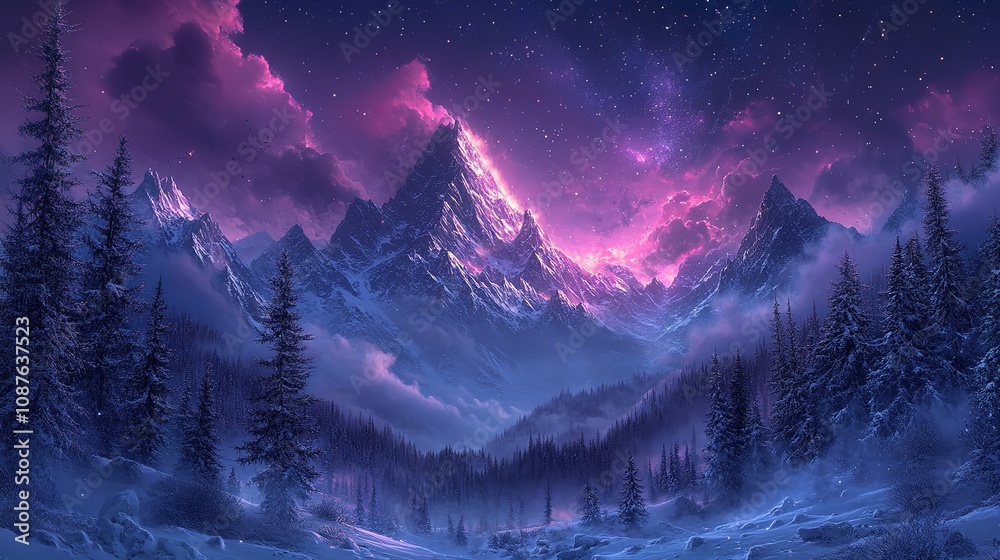 Fototapeta premium Breathtaking nightscape of snow-covered forest and mountains beneath a star-studded sky and drifting clouds.