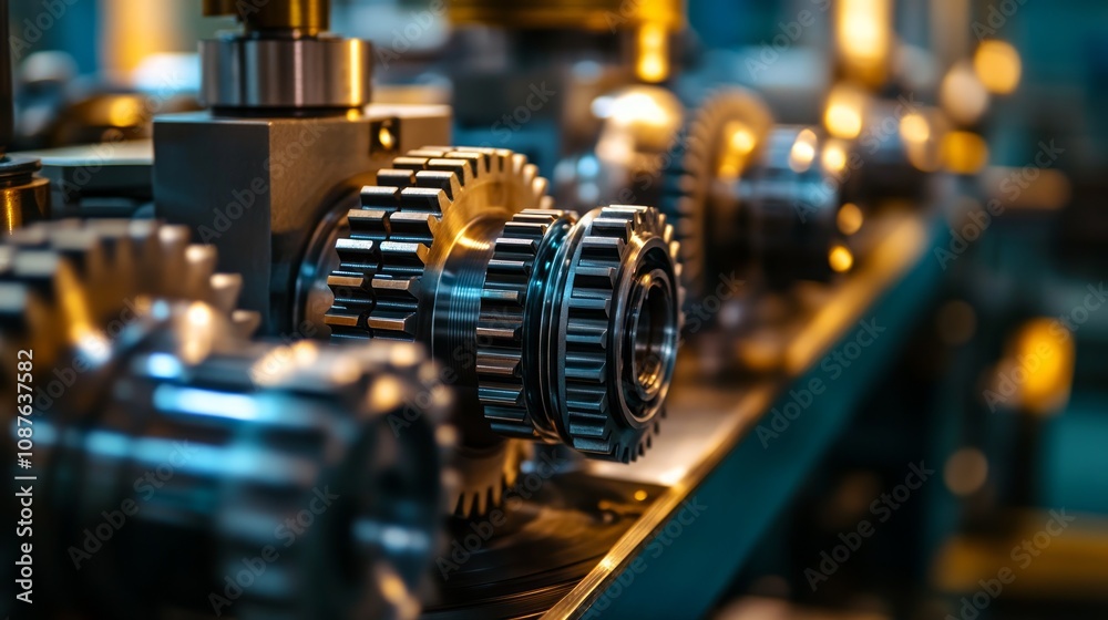 Close-up of intricate metal gears in industrial setting. Close-up of intricate metal gears in industrial setting.