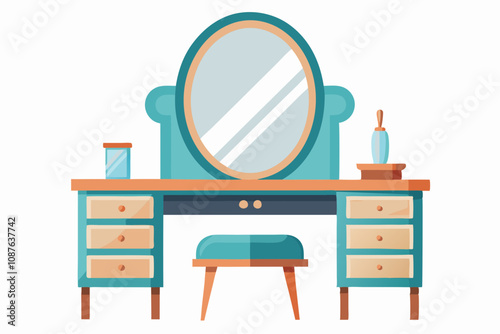 Dressing table with mirror and stool