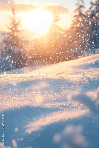 Breathtaking winter landscape with sunlight sparkling in the snow. A Christmas scene featuring falling snow, a holiday background.