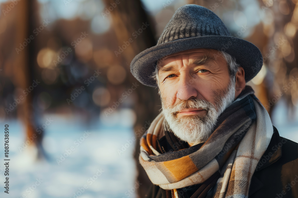 Portrait of a senior in winter with a scarf and hat. Portrait of a senior in winter with a scarf and hat.