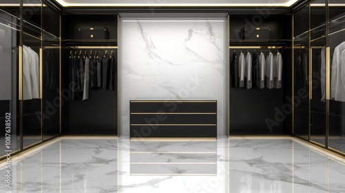 Design an empty luxury closet with glass shelving, velvetlined drawers, and goldaccented hanging rods photo