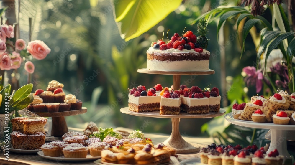 A beautifully arranged gluten-free dessert table featuring cakes and pastries.