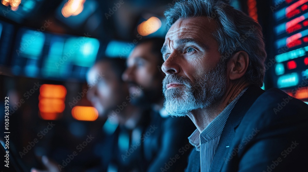 A focused man observes data screens, displaying a high-tech environment with vibrant lights, suggesting a critical moment in decision-making. A focused man observes data screens, displaying a high-tech environment with vibrant lights, suggesting a critical moment in decision-making.