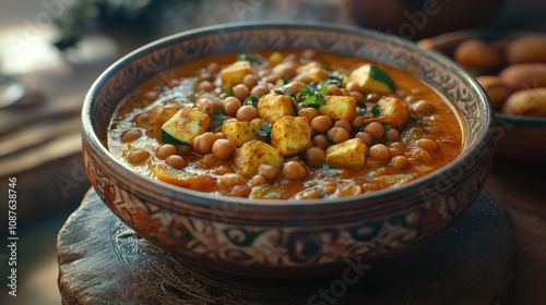 A bowl of chickpea and potato curry, garnished with herbs, served in a rustic setting.