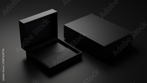 A premium mockup featuring matte black magnetic boxes with clean lines and glossy reflections for a high-end presentation.
