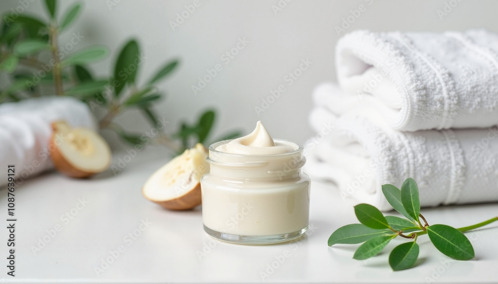 Jar of cream with towel rolls and fresh leaves, nourishing and relaxing spa environment Jar of cream with towel rolls and fresh leaves, nourishing and relaxing spa environment