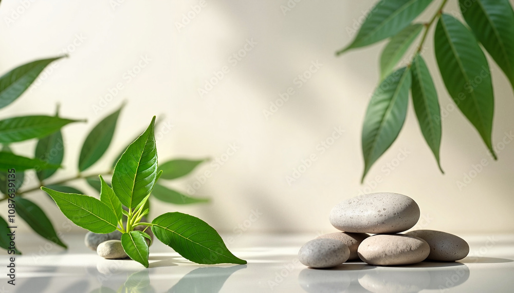 Fresh green leaves and smooth stones on clean surface, tranquil and harmonious natural setting Fresh green leaves and smooth stones on clean surface, tranquil and harmonious natural setting
