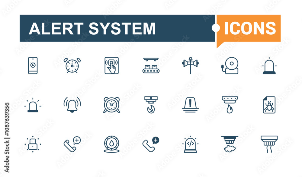 Alert System icon set. Contains such icons as information, alert, caution, fire alarm, timer, time, warning, risk. Perfect for logos and infographics. Vector outline and solid icons collection. Alert System icon set. Contains such icons as information, alert, caution, fire alarm, timer, time, warning, risk. Perfect for logos and infographics. Vector outline and solid icons collection.