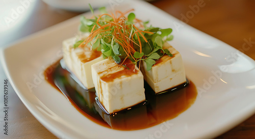 Tofu sedoso com molho de soja picante e guarnições frescas