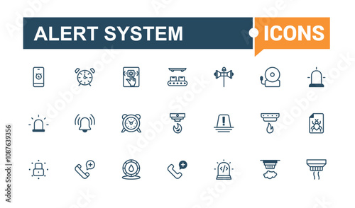 Alert System icon set. Contains such icons as information, alert, caution, fire alarm, timer, time, warning, risk. Perfect for logos and infographics. Vector outline and solid icons collection.