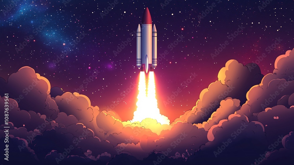A vibrant rocket launches into space, surrounded by colorful clouds and a starry sky, symbolizing exploration and adventure. A vibrant rocket launches into space, surrounded by colorful clouds and a starry sky, symbolizing exploration and adventure.