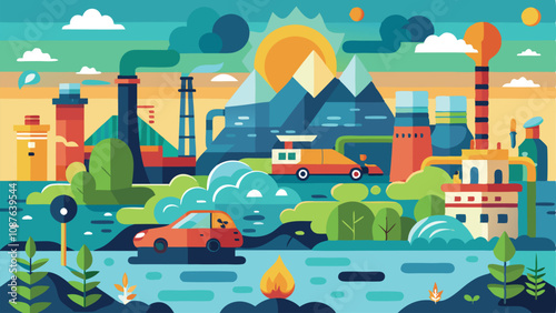Pollution Background in Vector Style – Minimalistic and Modern Illustration Highlighting Environmental Issues with Smoke, Waste, and Contaminated Water for Awareness Campaigns or Educational Content