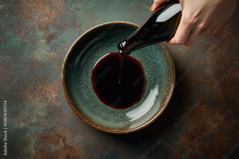 A hand pours a dark liquid into a textured bowl, suggesting culinary use. A hand pours a dark liquid into a textured bowl, suggesting culinary use.