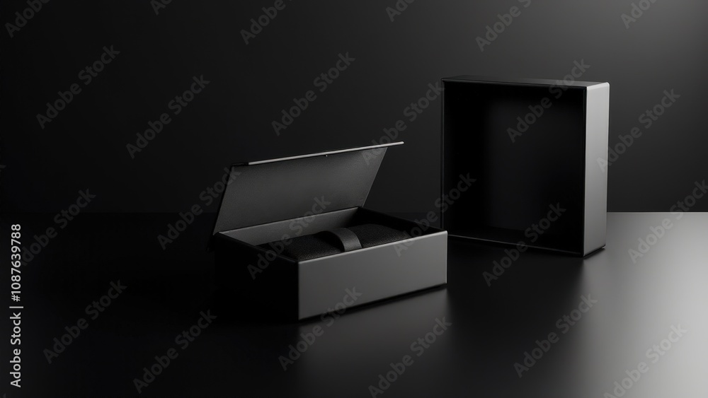 This professional custom magnetic closure boxes mockup features matte black designs with elegant lighting.