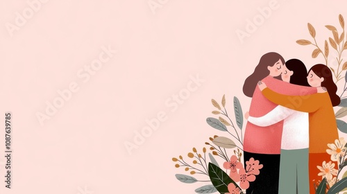 Friendshipthemed cartoon group hug surrounded by minimalist floral decorations warm colors and joyful expressions capturing connection photo