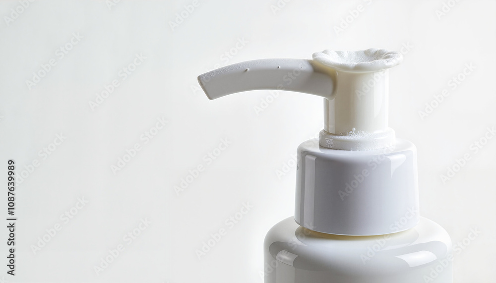 Close-up of white lotion pump dispenser with creamy foam, sleek and modern design
Close-up of white lotion pump dispenser with creamy foam, sleek and modern design