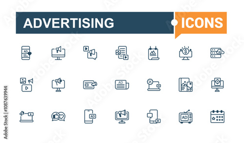 Advertising line icons set. Includes thin line promotion, marketing, advertising, advertise, announcer, advertisement, campaign and more. Minimalist thin linear icon. Vector line and solid icons.